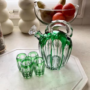 Saint-Louis Crystal Liquor Carafe Set: Green Accent Shot Glasses, 1930s France