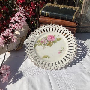 Antique German Porcelain Plate: Lace Edge, Rose Floral, Gold Accents
