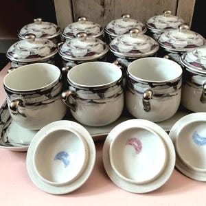 Art Deco Limoges Porcelain Cream Pot Set: Dessert Service with Tray