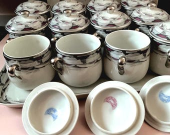 Art Deco Limoges Porcelain Cream Pot Set: Dessert Service with Tray