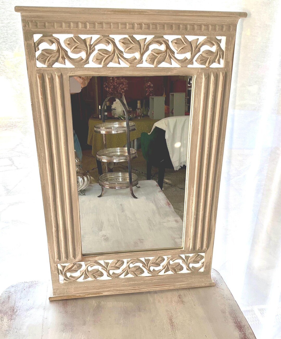 Shabby Chic Wooden Mirror: Carved Floral Frame, Chalk Paint