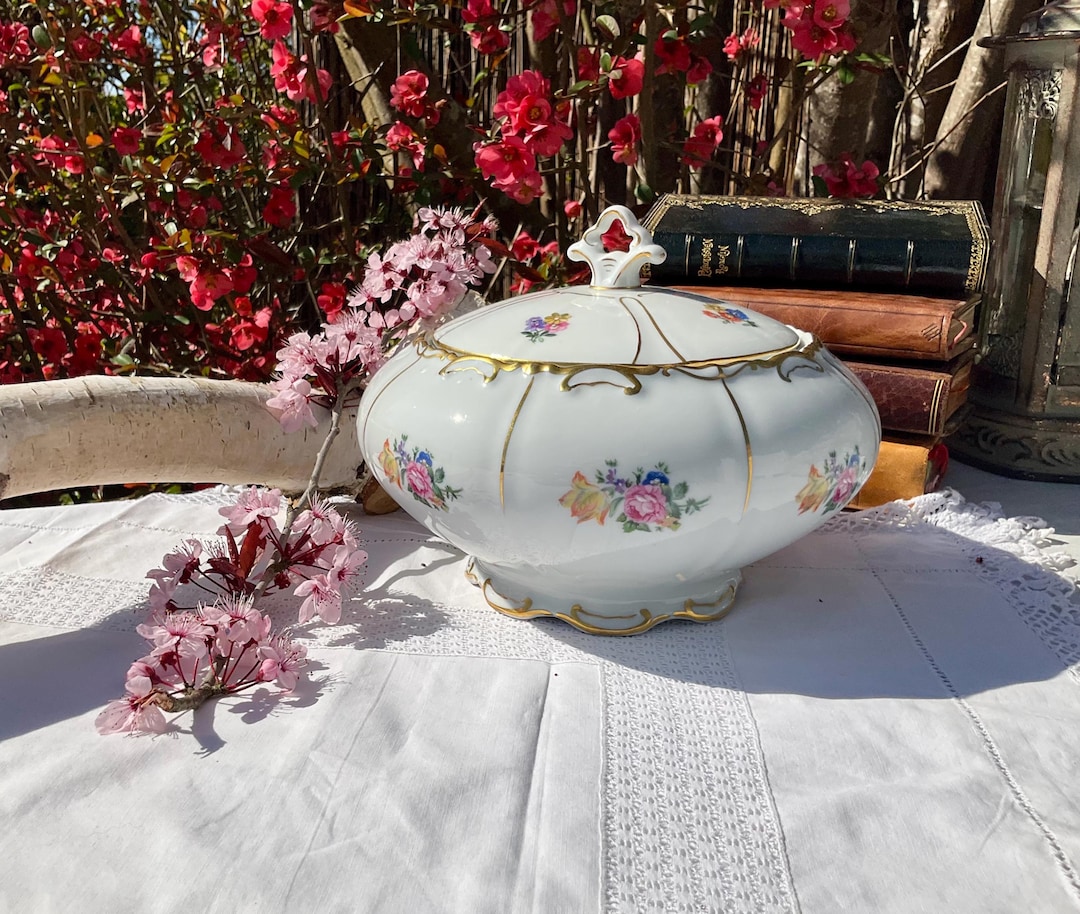 Antique German Porcelain Candy Box: Pink Floral Bonbonnière, Gold ...