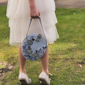 Elegant Haute Couture Embroidered Blue Clutch: Soft, Jeweled Wedding Accessory for Special Occasions