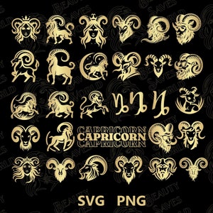Gold Capricorn SVG Bundle, Zodiac Sign Theme PNG SVG cut files, Digital Download