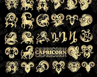 Gold Capricorn SVG Bundle, Zodiac Sign Theme PNG SVG cut files, Digital Download