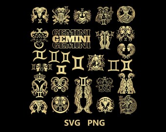 Gold Gemini SVG Bundle, Zodiac Sign Theme PNG SVG cut files, Digital Download