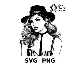 Woman Fatal Sketch PNG SVG Clipart, White Femme Fatale in Black Hat Design, Printable Digital Download