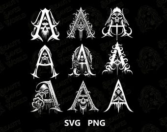 Letter A SVG Bundle, White Sinister Gothic Theme for Black Background, 9 SVG Files For Cricut and Silhouette Studio