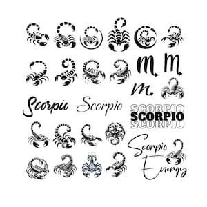 May include: Black and white illustrations of scorpions in various poses. The word "Scorpio" is written in cursive script multiple times. The words "Scorpio Energy" are also written in cursive script.