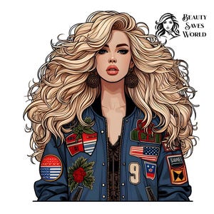 Puede incluir: Una mujer con el pelo largo y rubio que lleva una chaqueta vaquera azul con varios parches y una camisa negra debajo. La chaqueta tiene una rosa roja, una bandera americana roja, blanca y azul, y un parche con el número 9.