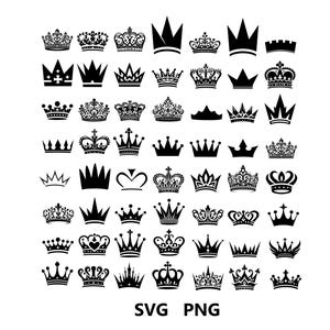 May include: A collection of 50 black crown silhouettes, perfect for crafting projects, logos, or digital designs.  SVG and PNG formats are included.