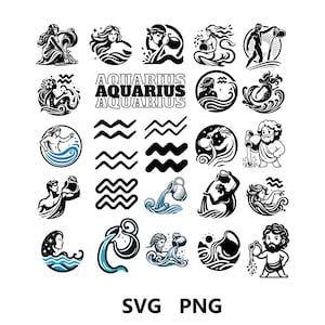 Pakiet Aquarius SVG, motyw znaku zodiaku PNG pliki do cięcia SVG, pobieranie cyfrowe