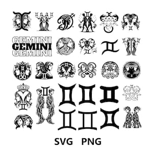 Puede incluir: Una colección de 20 ilustraciones en blanco y negro del signo zodiacal Géminis. Las ilustraciones presentan varios estilos, incluyendo gemelos, símbolos y texto. El texto dice "GEMINI GEMINI GEMINI".