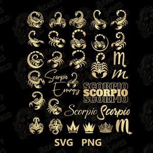 May include: A collection of gold-colored scorpion illustrations, including various poses and styles. The text "Scorpio Energy" and "Scorpio" is repeated multiple times. The text "SVG PNG" is also included.