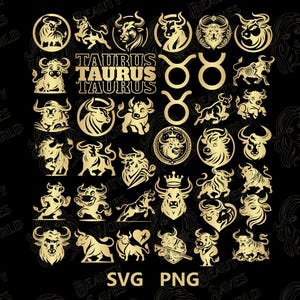 Gold Taurus SVG Bundle, Bull Theme PNG SVG cut files, Digital Download