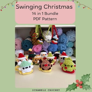 May include: A collection of handmade crochet Christmas ornaments, including snowmen, reindeer, and Christmas trees. The ornaments are in various colors and styles, with the text "Swinging Christmas" and "14 in 1 Bundle PDF Pattern" at the top.