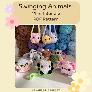 May include: The image showcases a collection of handmade crochet animal toys, including a pig, cow, sheep, and panda. The toys are in various colors and have hanging straps. The text "Swinging Animals 14 in 1 Bundle PDF Pattern" is displayed at the top.