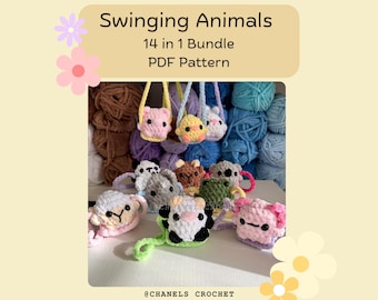 May include: The image showcases a collection of handmade crochet animal toys, including a pig, cow, sheep, and panda. The toys are in various colors and have hanging straps. The text "Swinging Animals 14 in 1 Bundle PDF Pattern" is displayed at the top.
