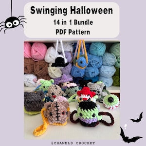 Może przedstawiać: Kolekcja ręcznie robionych szydełkowych pluszaków na Halloween, w tym potwory i nietoperze, z tekstem "Swinging Halloween 14 in 1 Bundle PDF Pattern". Tło przedstawia kolorowe kule przędzy. Nazwa sklepu Etsy to "@CHANELS CROCHET."