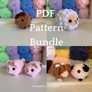 Op de afbeelding: Een PDF-patroonbundel voor het haken van vijf schattige amigurumi-dieren: een cavia, een schaap, een varken, een hamster en een koe. De dieren zijn allemaal klein en hebben grote ogen. De patroonbundel is beschikbaar om te downloaden.