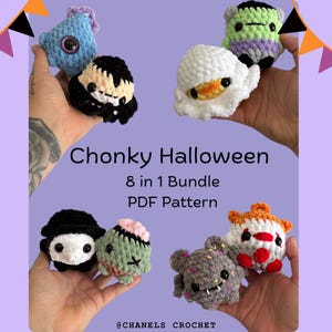 May include: A collection of eight handmade crochet Halloween characters in various colors. The characters include a blue monster, a vampire, a ghost, a Frankenstein's monster, a panda, a zombie, a monster, and a pumpkin. The text "Chonky Halloween 8 in 1 Bundle PDF Pattern" is also visible.