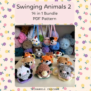 Puede incluir: Una colección de adornos de animales de ganchillo, incluyendo un pollo, un cerdo, un gato, un tigre, un oso, un zorro, un panda, una tortuga y un elefante. La imagen incluye el texto "Swinging Animals 2" y "14 in 1 Bundle PDF Pattern".
