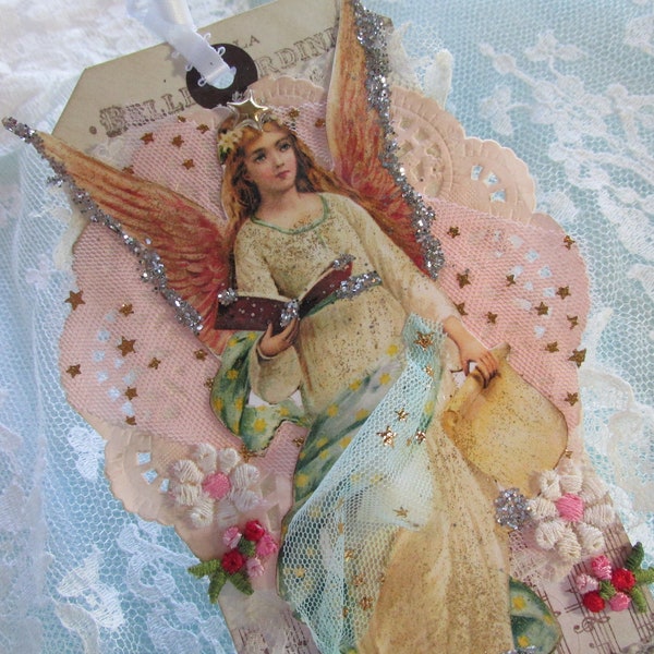 Vintage Christmas Angel, Angel Gift Tag, Mixed Media Angel Tag, Victorian Tag, Handmade Ornament