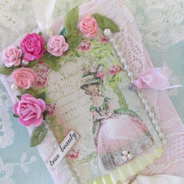 Marie Antoinette Lace Journal With Roses Vintage Rhinestones and Pink Ribbons