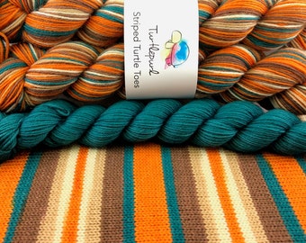 Pumpkin Spice With Teal Green Heel and Toe Skein - Hand Dyed Self Striping Sock Yarn