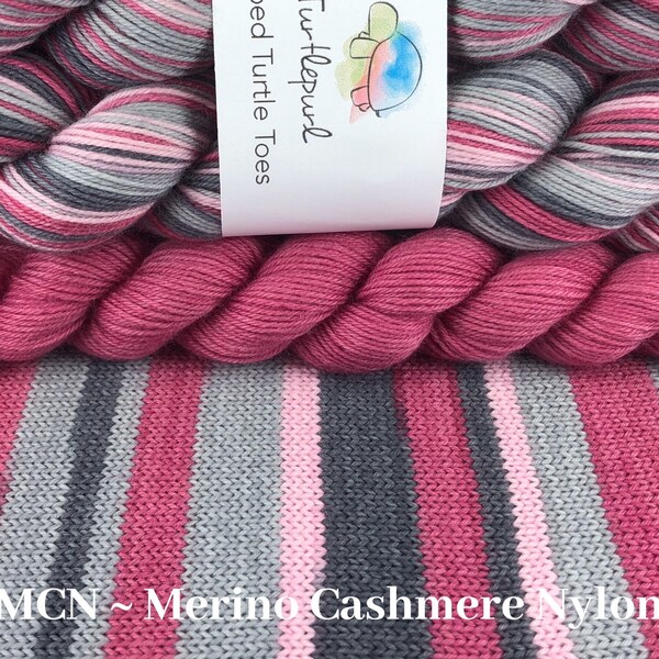 Tickled Pink - MCN - With Raspberry Pink Heel and Toe Skein - Hand Dyed Self Striping MCN Sock Yarn