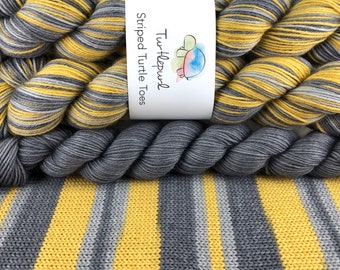 Hazy Dayz - With Dark Grey Heel and Toe Skein - Hand Dyed Self Striping Sock Yarn - Ready to Ship by May 21st