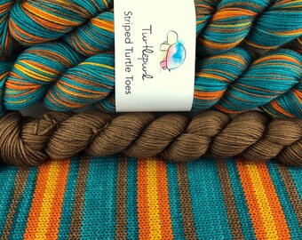 It Takes A Village - With Brown Heel and Toe Skein - Hand Dyed Self Striping Sock Yarn