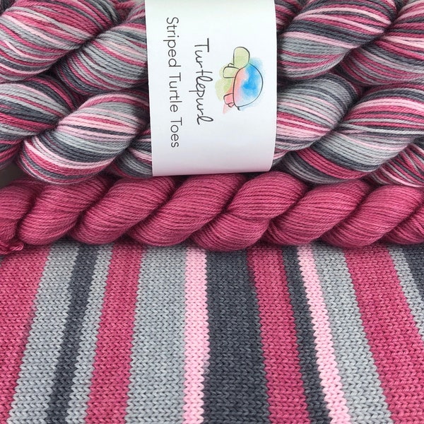 Tickled Pink - With Raspberry Pink Heel and Toe Skein - Hand Dyed Self Striping Sock Yarn