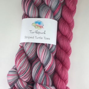 Tickled Pink With Raspberry Pink Heel and Toe Skein Hand Dyed Self Striping Sock Yarn image 3