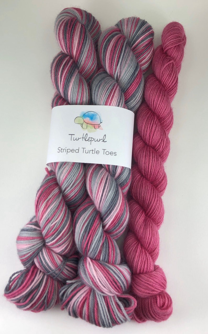 Tickled Pink With Raspberry Pink Heel and Toe Skein Hand Dyed Self Striping Sock Yarn image 3