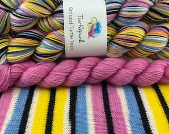 All Sorts of Fun! - With Pink Heel and Toe Skein - Hand Dyed Self Striping Sock Yarn