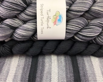 Greyscale - With Black Heel and Toe Skein - Hand Dyed Self Striping Sock Yarn - Ready to Ship by May 3rd