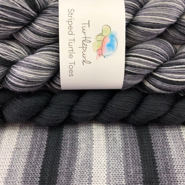 Greyscale - With Black Heel and Toe Skein - Hand Dyed Self Striping Sock Yarn