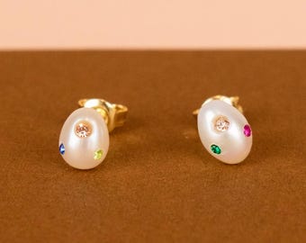 Freshwater Pearl Earrings with Rainbow Gemstones, Baroque Pearl Stud Earrings, Encrusted Modern Pearl Studs