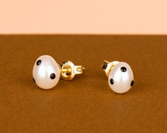 Polka Dot Pearl Earrings with Black Gems, Baroque Pearl Stud Earrings, Spotted Freshwater Pearl Studs // New Colorway | Exclusively on Etsy