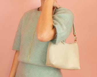 Leather Shoulder Bag, Leather Crescent Bag, Convertible Leather Handbag in Bone White Leather