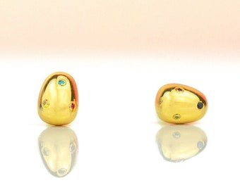 Gemstone Encrusted Gold Earrings, 14k Gold Plated Baroque Pearl Studs, Dainty Sterling Silver Stud Earrings
