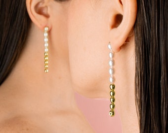Baroque Pearl Earrings, Cultured Pearl Hoops in 14k Gold, Long Pearl Drop Earrings