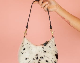 Smalle leren schoudertas met koeienprint, hair-on-Hide-handtas, westernaccessoires voor dames