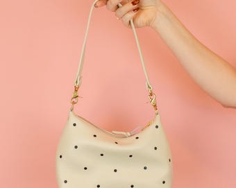 Leather Crescent Handbag, Versatile Leather Shoulder Bag in Polka Dot