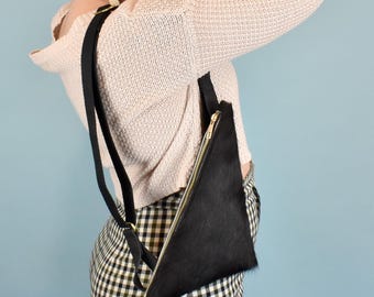 Leather Crossbody Sling Bag, Wristlet Clutch in Black Hair-on-Hide