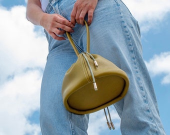 Mini Leather Bucket Bag, Slouchy Olive Green Handbag Leather