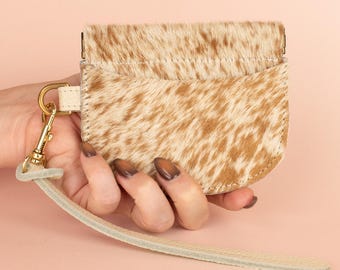 Western Leather Card Wallet, Minimalist Cardholder Wristlet in Speckled Chestnut Cow Print