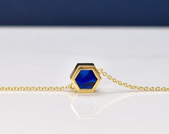Geometric Necklace with Hexagon Charm and Sapphire Gemstone Clay, Short Gold Chain