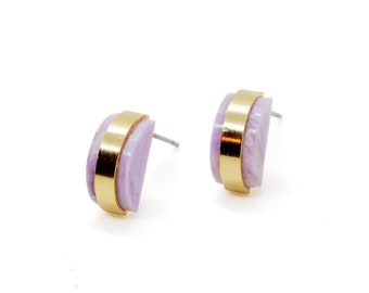 Amethyst Earrings Set, Architectural Gold Moon Geometric Amethyst Studs for February Birthstone Gift